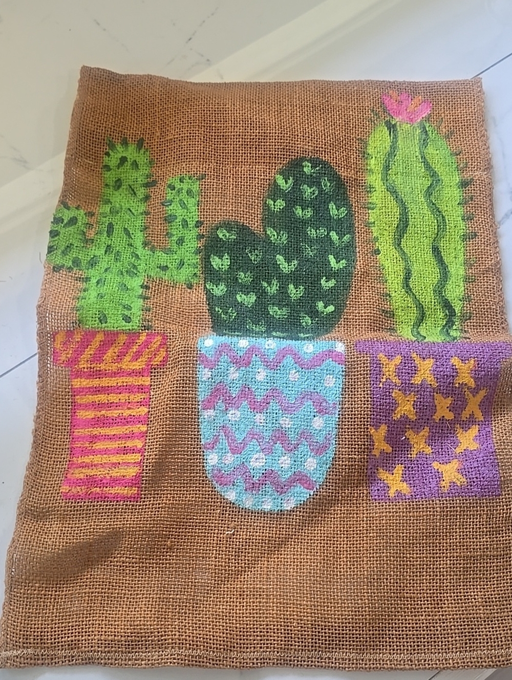 Painted Cactus Burlap Wall Art - Green Cactus Trio